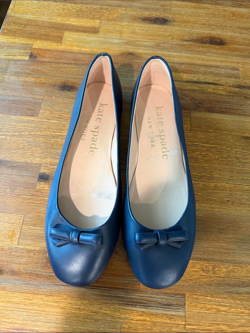 kate spade Navy Leather Ballet Flats with Bow Accent